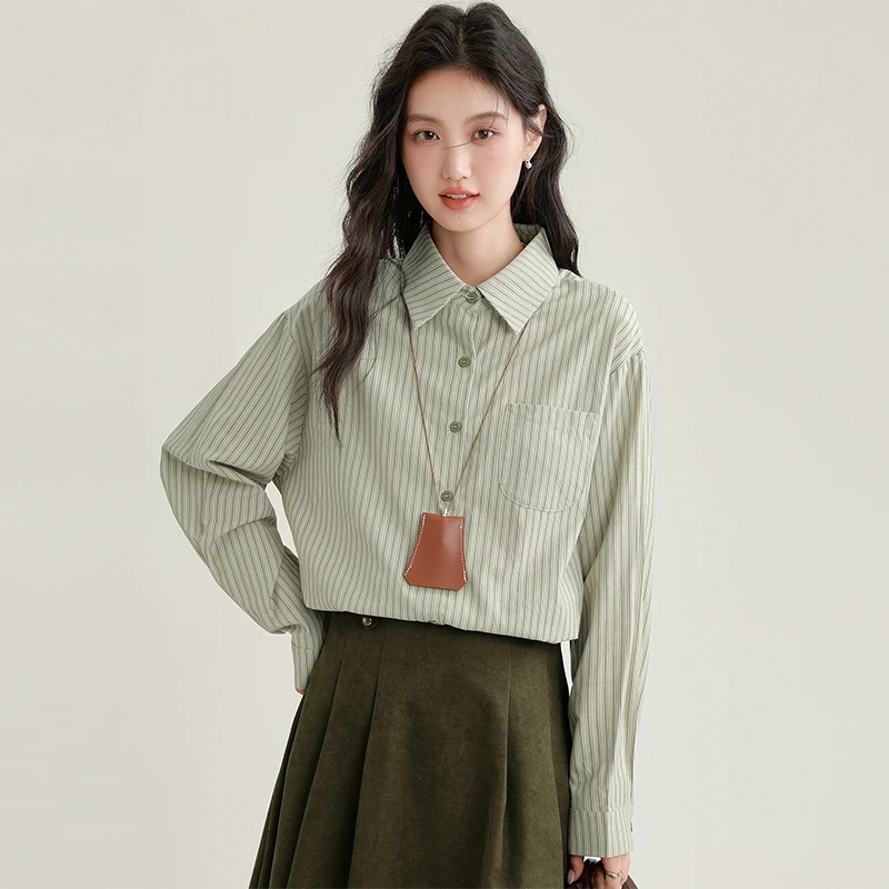 帛卡琪2025早秋新款polo领条纹衬衫女设计感长袖衬衣百搭宽松上衣