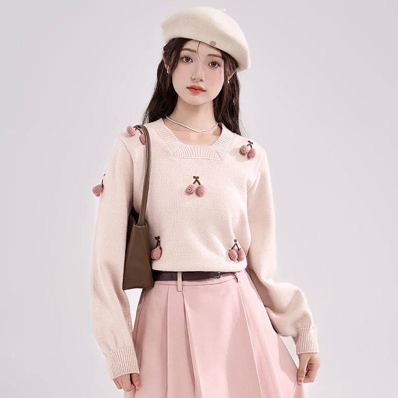 帛卡琪2024春秋新款宽松甜美软糯糯针织衫女小个子立体樱桃毛衣潮