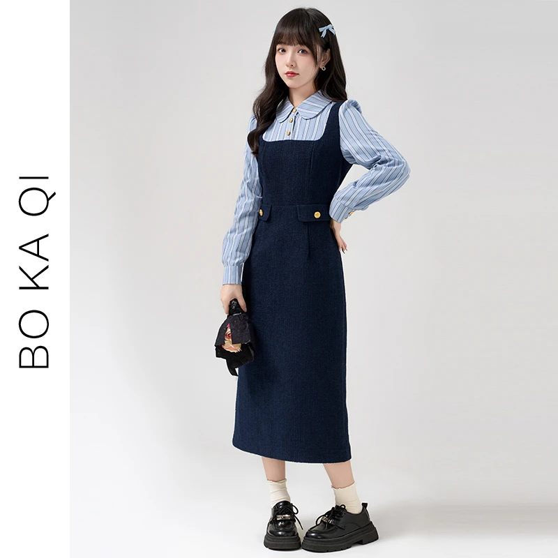 帛卡琪2024春秋新款假两件学院风长袖毛呢连衣裙女高腰甜美中长裙