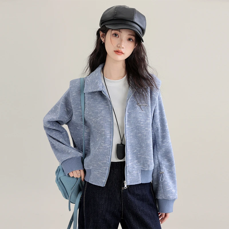 帛卡琪2024秋季新款小香风翻领短外套女宽松气质夹克拉链开衫上衣