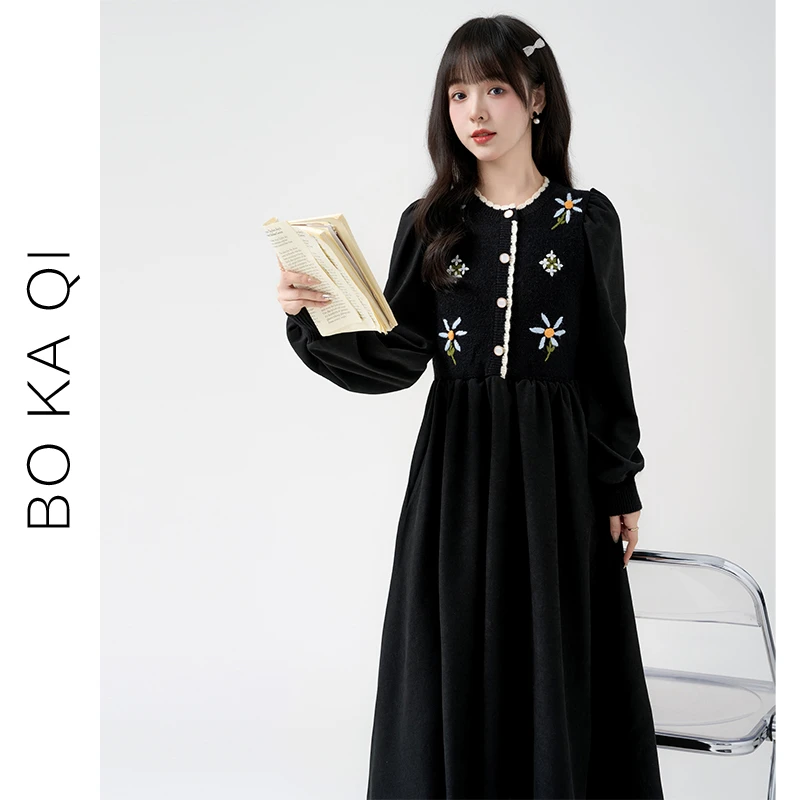 帛卡琪2024春秋新款针织圆领长袖假两件连衣裙女高腰中长款裙子潮