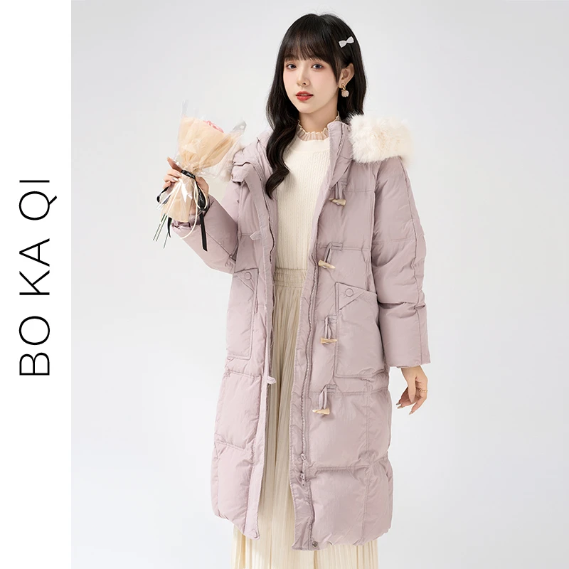 帛卡琪2023冬季新款连帽牛角扣棉服外套女宽松中长款过膝保暖棉衣