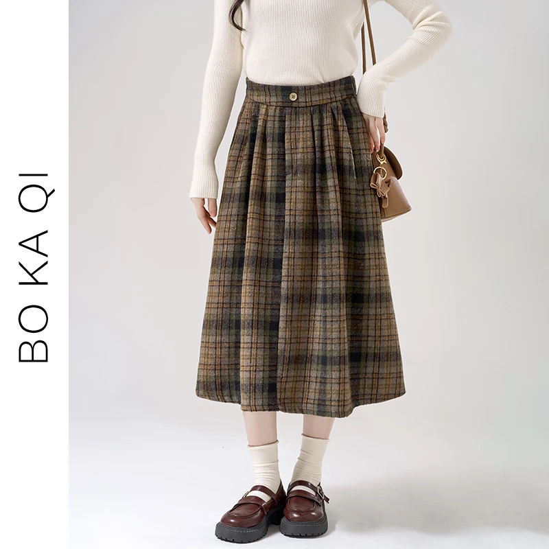 帛卡琪2025春秋新款复古格纹格子毛呢半身裙女百搭高腰百褶中长裙