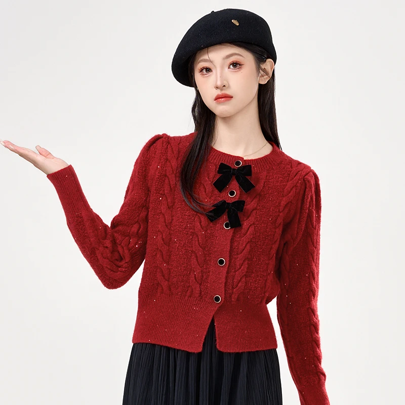 2025春秋蝴蝶结针织开衫女修身短款麻花毛衣新年红本命年红色上衣