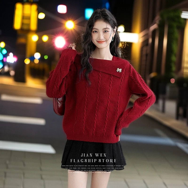 法式不规则红色针织衫毛衣女2024秋冬新款麻花百搭打底衫时尚上衣