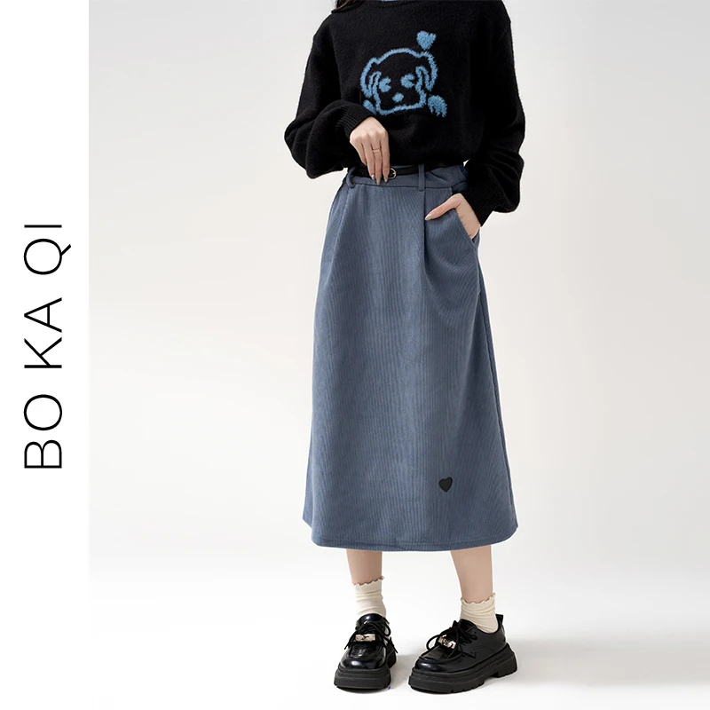 帛卡琪2023秋冬新款复古蓝色高腰半身裙女学生宽松中长款A字裙潮