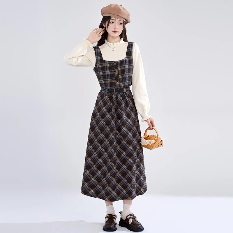 帛卡琪2023秋冬新款复古格子马甲背心女收腰显瘦半身裙高级感套装
