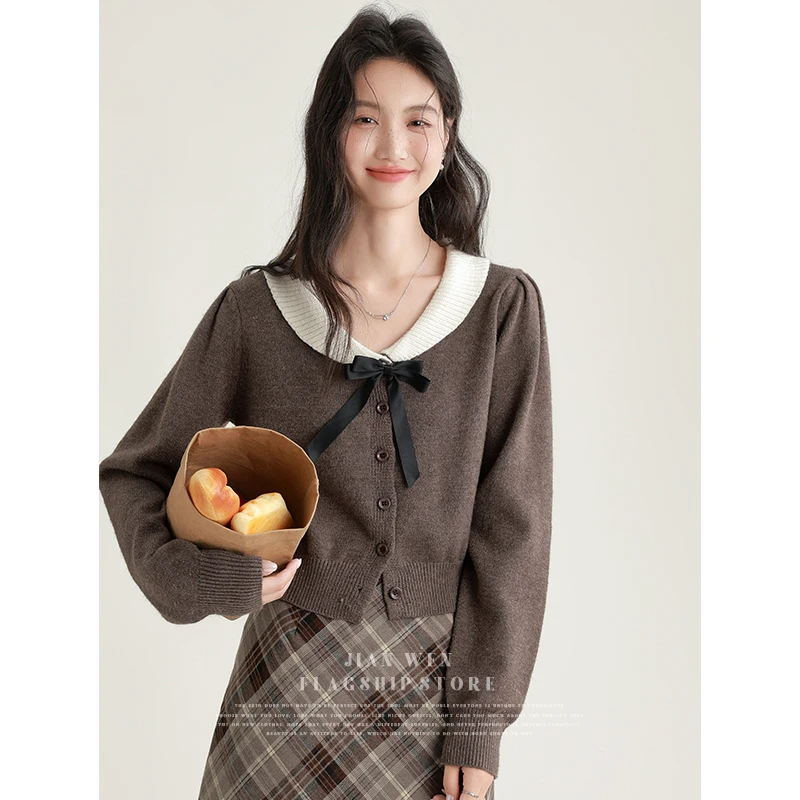 2025秋新款学院风荷叶领针织开衫女宽松褶皱上衣蝴蝶结短毛衣外套