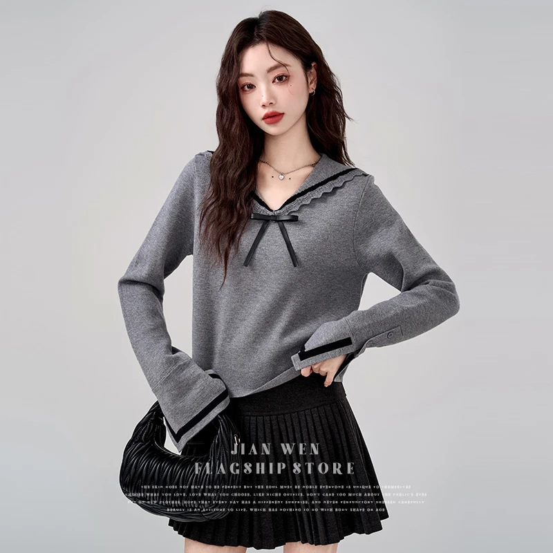 2025春秋新款蝴蝶结海军领灰色毛衣女宽松短款长袖针织衫套头上衣