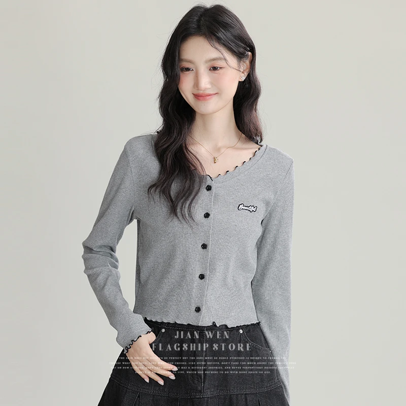 「清仓」2025春秋短款刺绣长袖T恤女甜美洋气小衫别致打底衫上衣