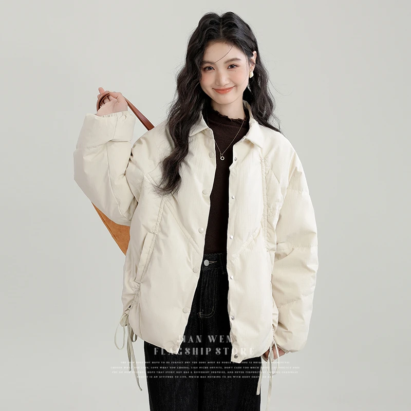 2024初冬新款米白色加厚保暖翻领夹克棉服女宽松系带棉袄面包服潮