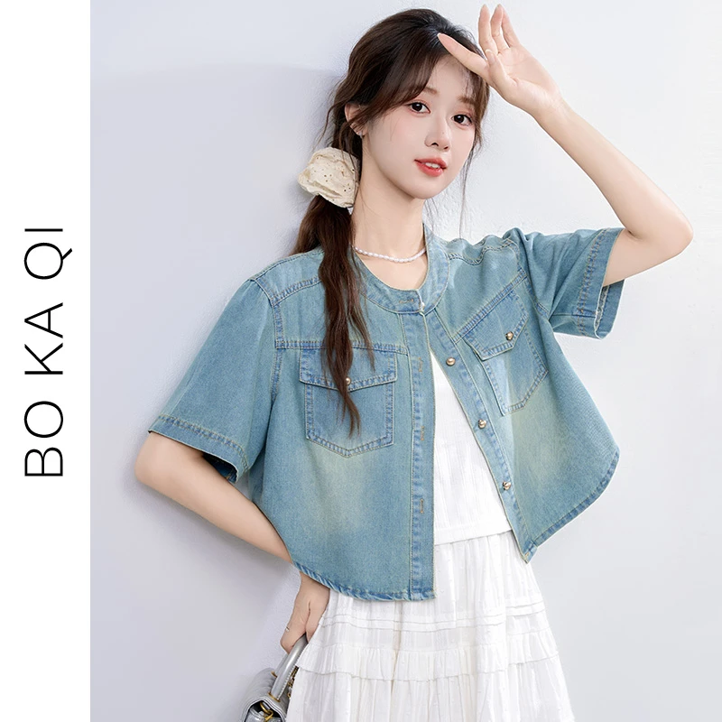 2024夏季复古短袖牛仔衬衫外套女休闲外搭短款衬衣新款气质上衣潮
