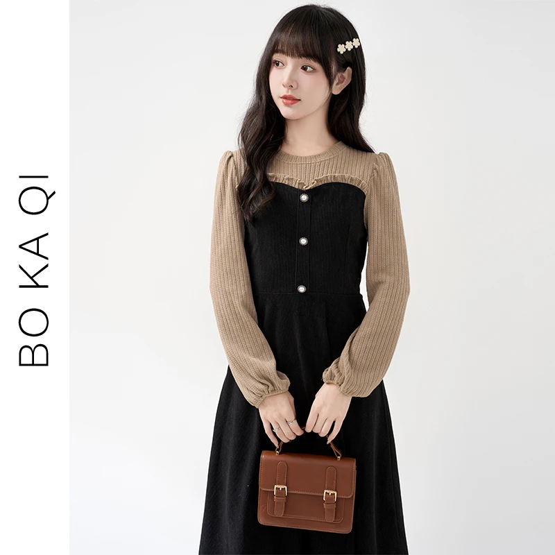 帛卡琪2024春秋新款假两件长袖针织连衣裙女宽松拼接赫本风中长裙