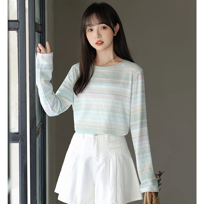 帛卡琪2025春秋新款长袖条纹撞色T恤女宽松显瘦打底衫气质感上衣