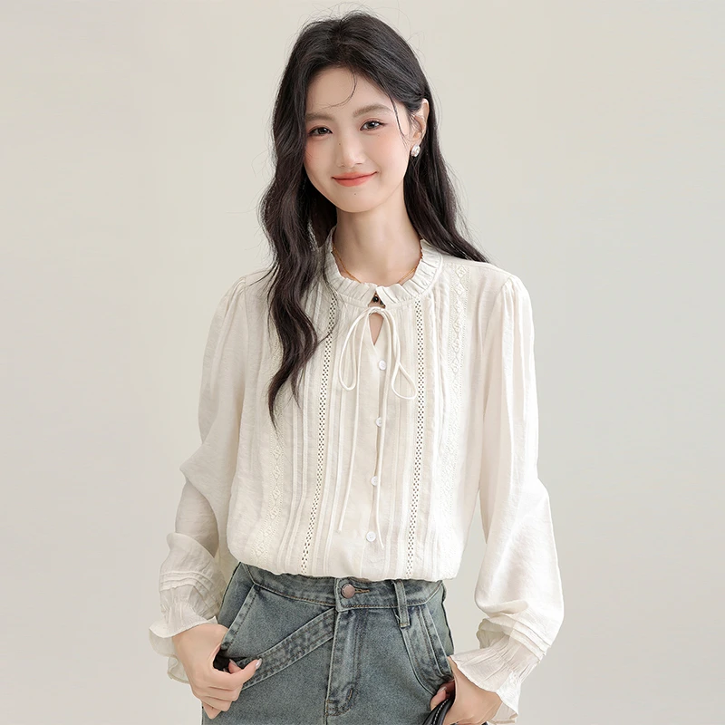 帛卡琪2024秋季新木耳边法式系带长袖衬衫女宽松打底衬衣chic上衣
