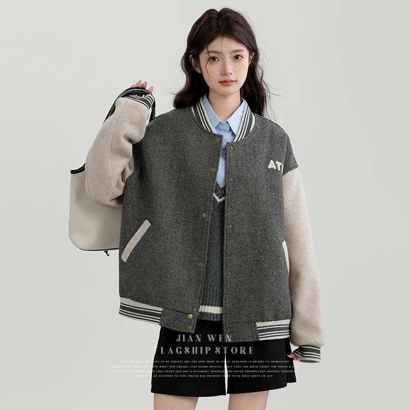 2025秋冬新款复古圆领人字纹毛呢外套棒球服女宽松拼色呢子外套潮