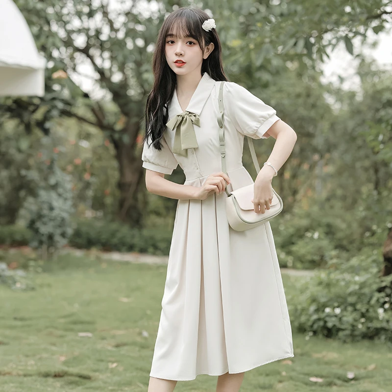 帛卡琪2024夏季新款POLO领收腰短袖连衣裙女蝴蝶结教资面试中长裙