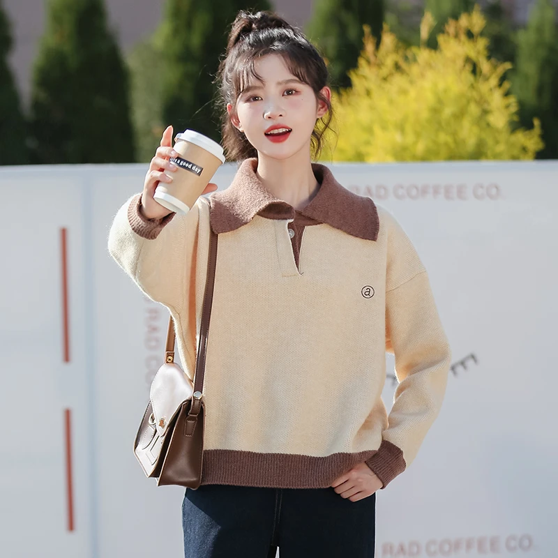帛卡琪2024春秋新款宽松慵懒风拼色毛衣女套头polo领刺绣针织衫潮