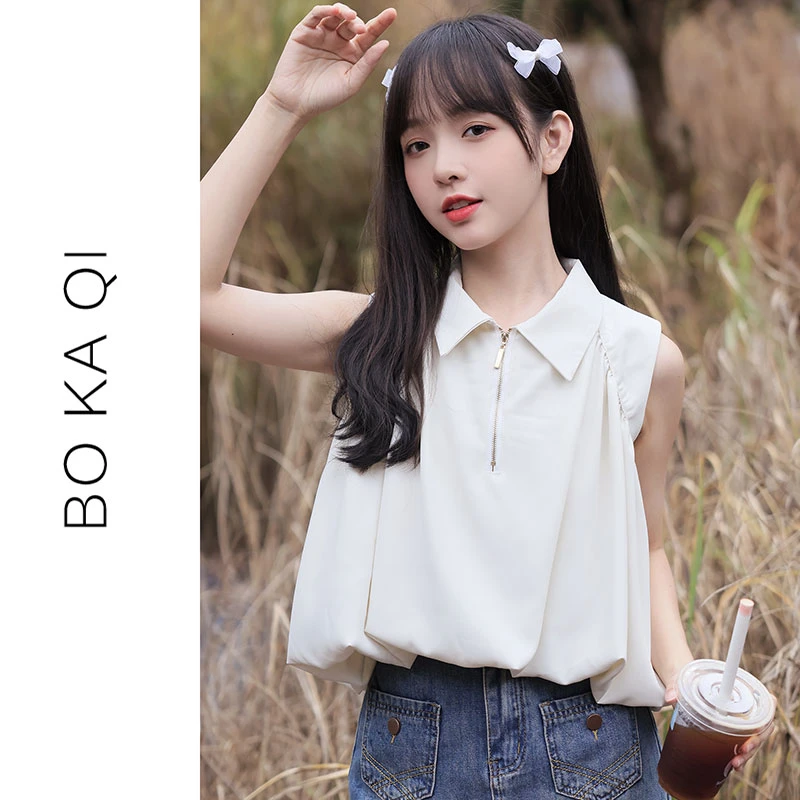 帛卡琪2024夏季新款法式无袖拉链衬衫女宽松短袖气质雪纺衬衣小衫
