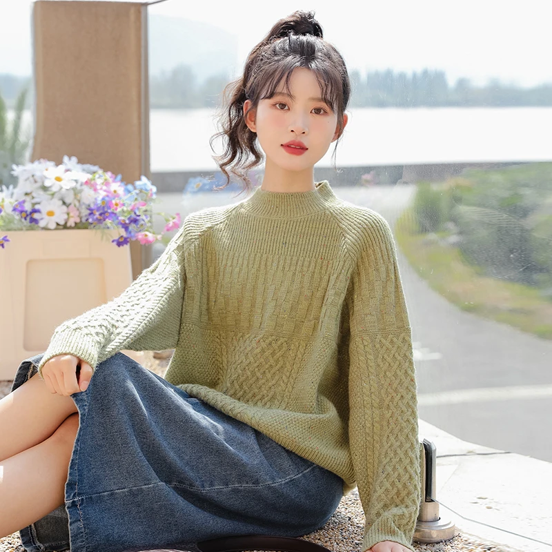 帛卡琪2024春秋新款麻花纹半高领毛衣女宽松慵懒风套头打底针织衫