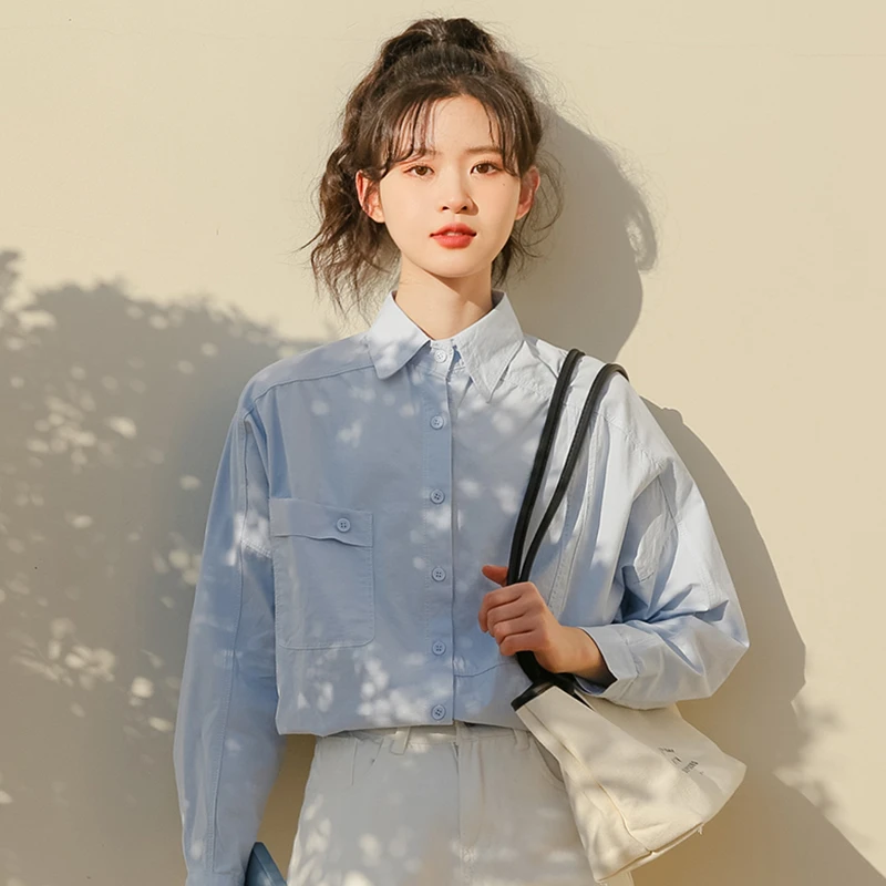 帛卡琪2023秋季新款宽松复古纯棉衬衫女长袖衬衣学生韩版休闲上衣