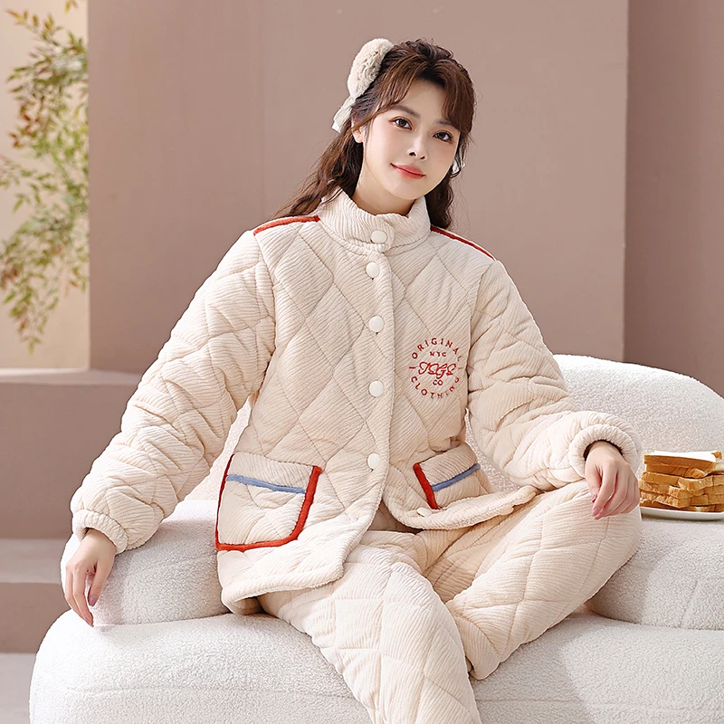 冬季新款睡衣女三层夹棉套装加绒加厚保暖过冬外穿家居服两件套