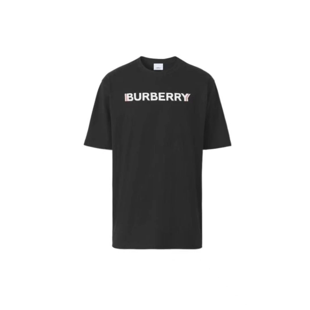 全新未使用 BURBERRY/博柏利 黑色彩色条纹logo胶印短袖男女同款