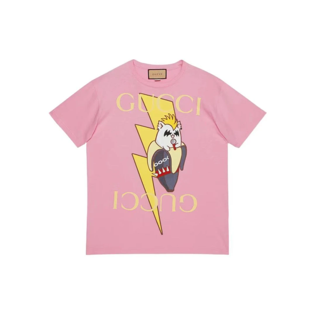 全新未使用 GUCCI/古驰 粉色闪电猫咪卡通印花短袖 宽松休闲轻奢