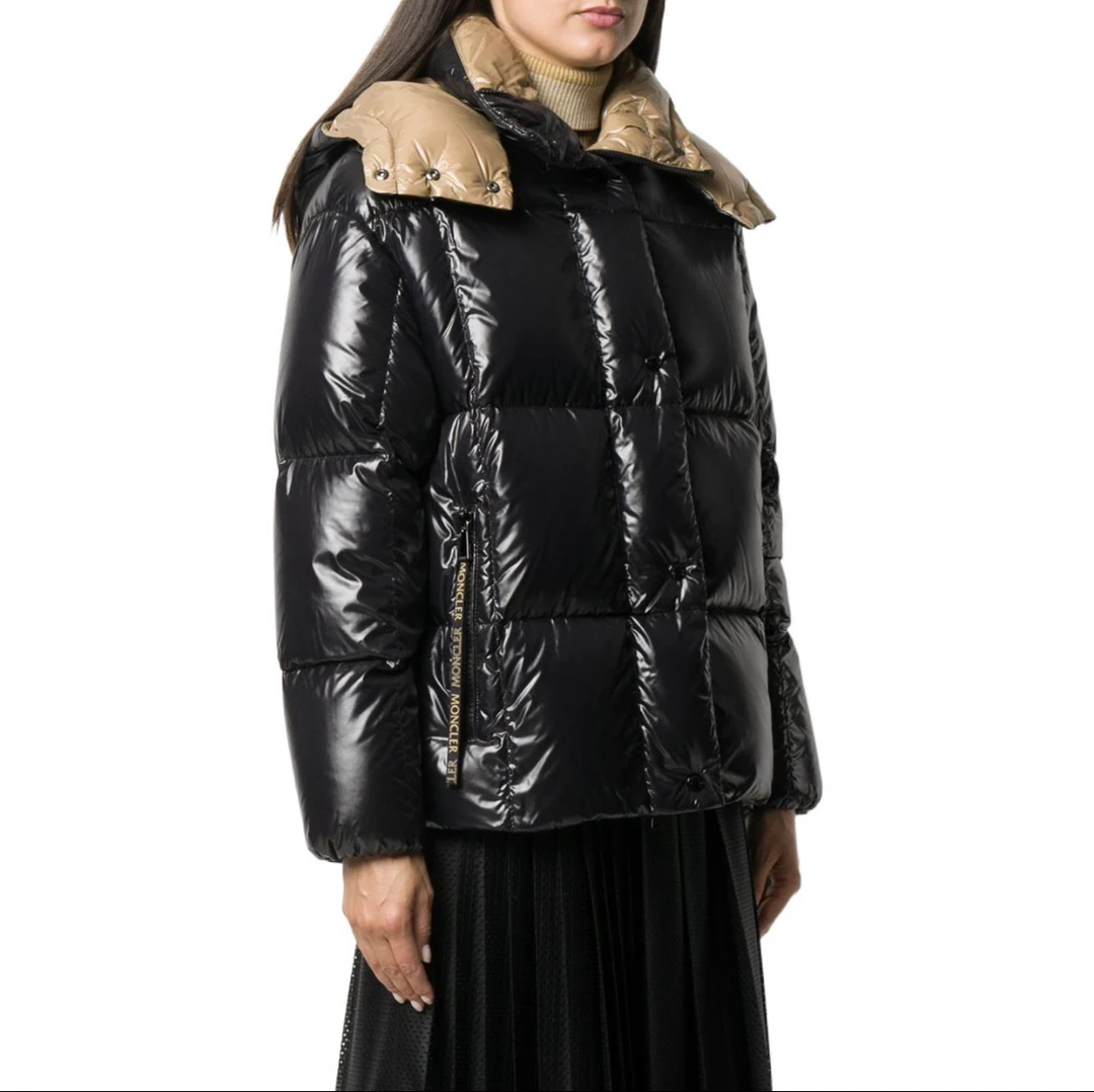 全新未使用 MONCLER  经典黑棕拼色parana短款连帽羽绒服女款冬季