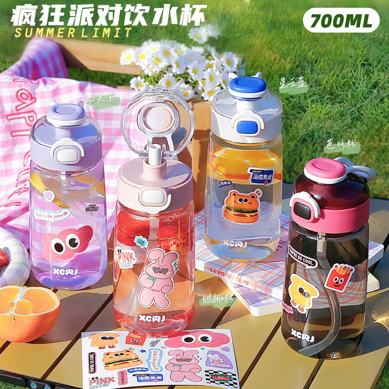 小茶日记疯狂派对可爱大容量弹盖式塑料杯双饮杯户外运动水杯子GF