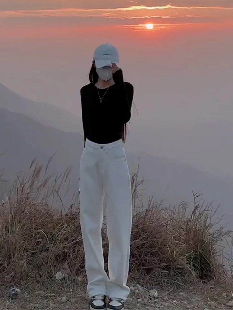 白色直筒牛仔裤女2024年春装新款高腰显瘦小个子宽松阔腿拖地裤子