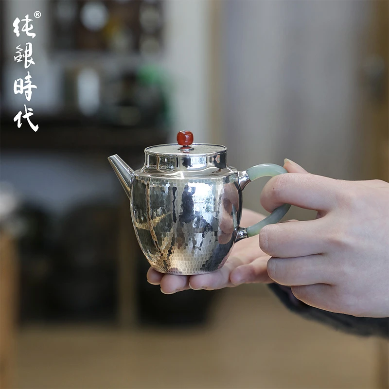 纯银时代 巨轮珠泡茶壶足银999云南纯手工银茶壶玉把柄精致200ml