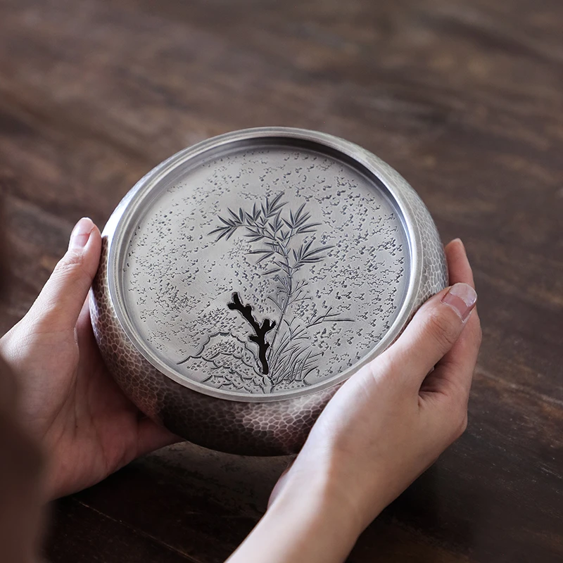 竹石莲藕壶承手工中式茶盘纯手工足银999圆形中号560ml干泡台茶盘