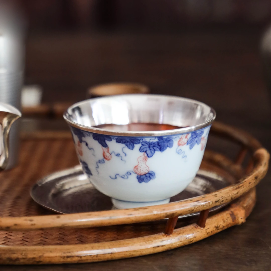 青花葫芦银内胆足银999品茗主人杯中式家用茶杯100ml