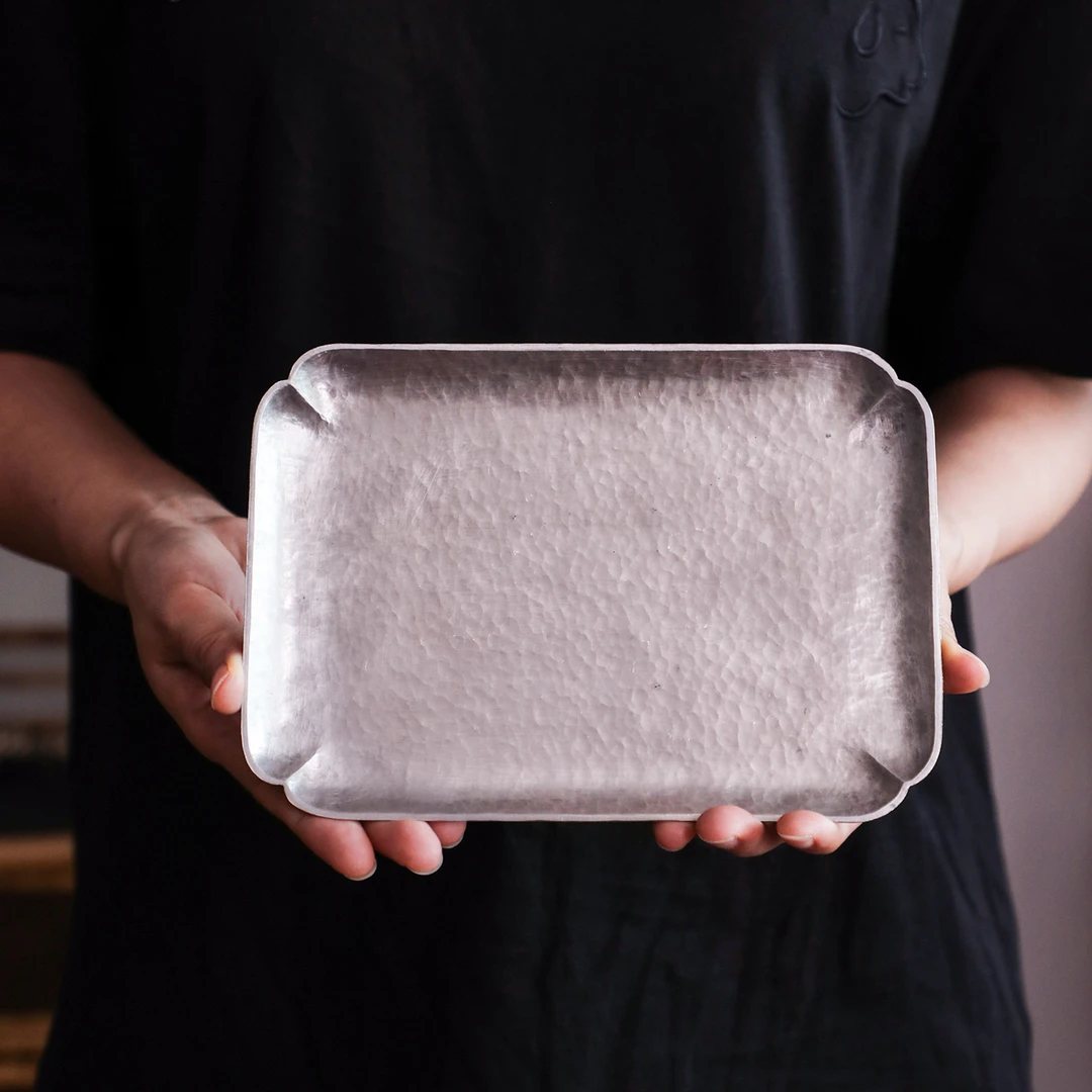 小长方海棠锡盘手工槌目制作简约茶道干泡盘高级茶具