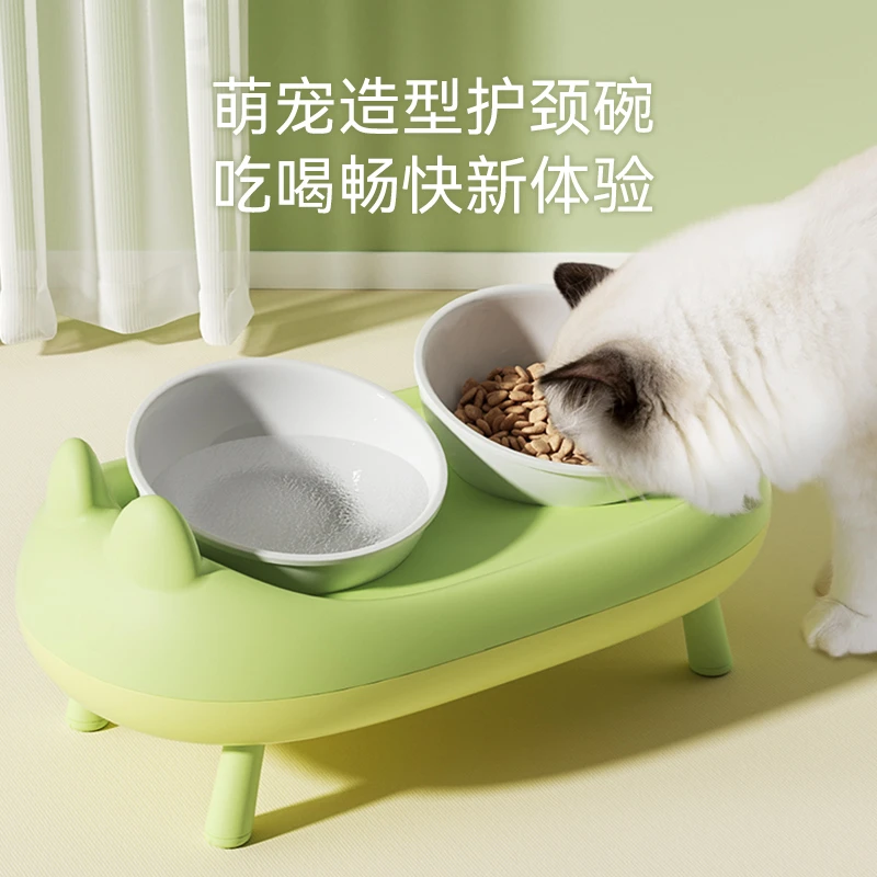 [达人]猫碗陶瓷双碗一体猫食盆防打翻高脚不锈钢狗碗斜口饭盆6234