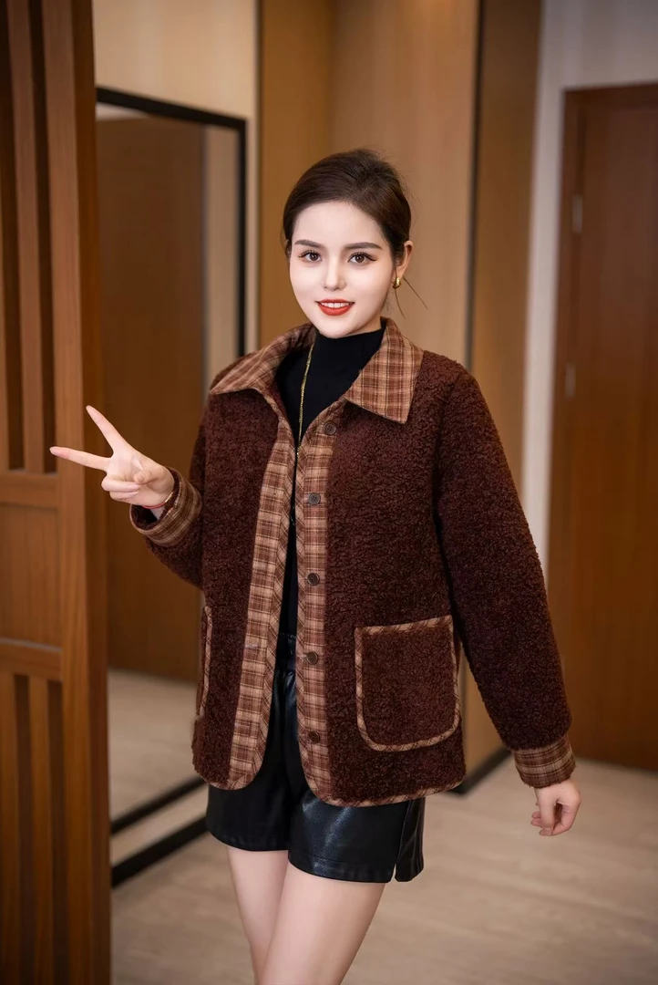 2024新款冬款衬衫领时尚加绒加厚外套