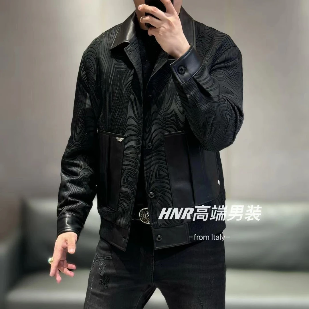 【乔治雷迪尼品牌】绵羊皮拼接立体水波纹新款男士夹克0099-1