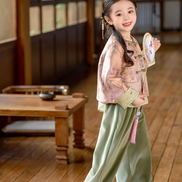 【萌娃套装】1玉兰织金中国风对襟春秋女童汉元素中式复古唐装