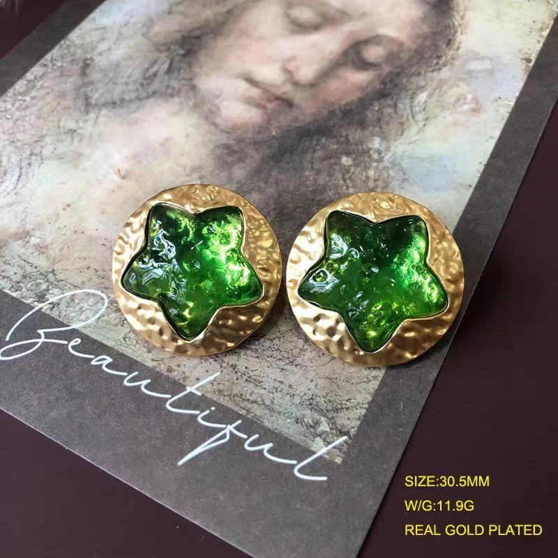 铜合金耳饰 五星花朵果冻树脂熔岩效果法式港风银针耳钉