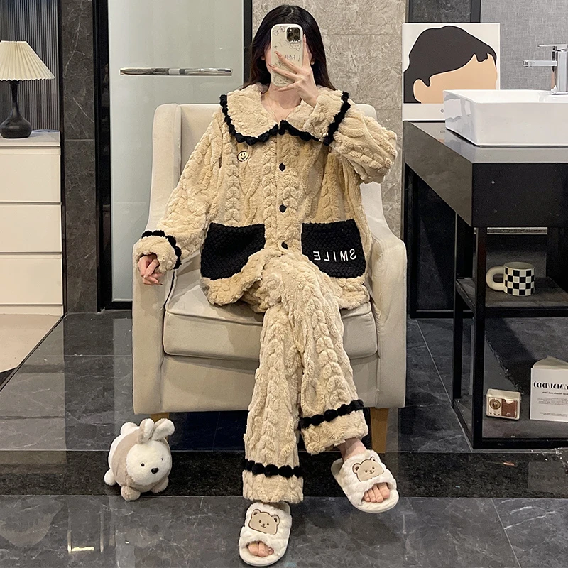 长毛绒秋冬季睡衣女加厚珊瑚绒2025新款ins风时尚春天家居服套装