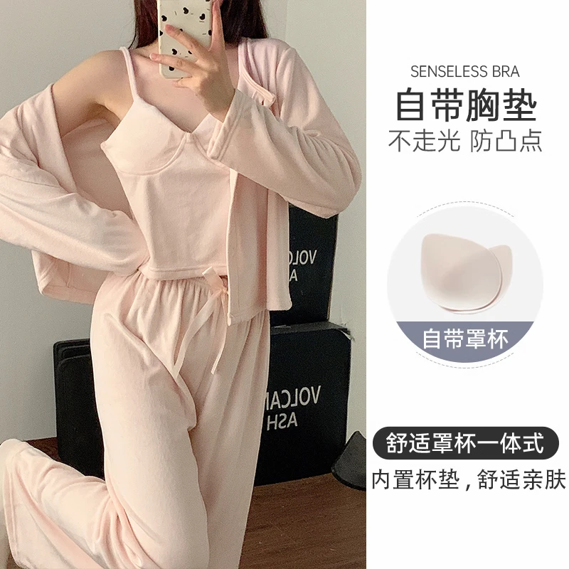 海岛绒睡衣女秋冬季带胸垫吊带性感加厚保暖三件套装春浅粉家居服