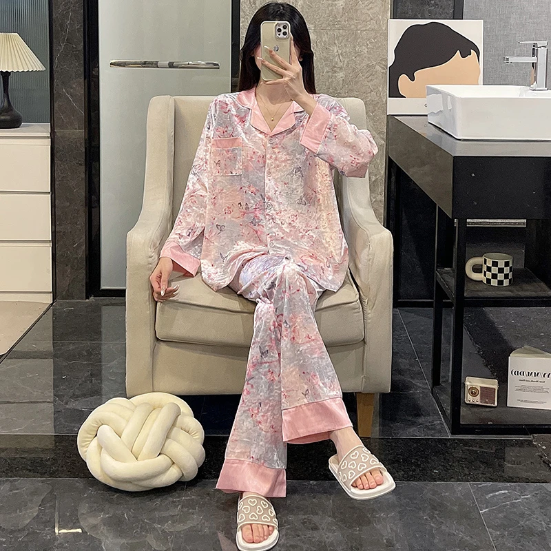 金丝绒睡衣女秋冬季长袖2025新款花朵可外穿大码春韩版家居服套装