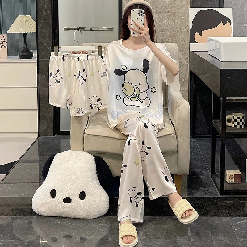 冰雪丝睡衣女夏季短袖三件套装薄款凉感2025新款萌狗可外穿家居服