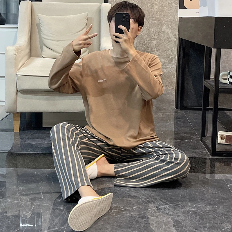 睡衣男士春秋季韩版2025新款纯棉长袖全棉大码冬天棕色家居服套装