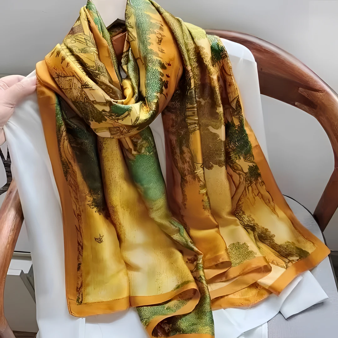 清明上河图180*80素绉缎长丝巾气质高档时尚百搭双面黄色