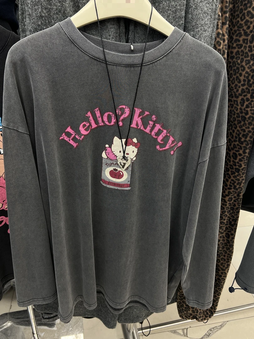 韩系重工洗水kitty 印花长袖图案T恤 百搭休闲时尚圆领灰色