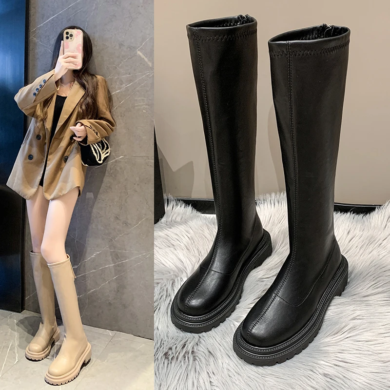 单里加绒不过膝长筒靴女2023年新款春秋冬小个子秋季高筒瘦瘦靴