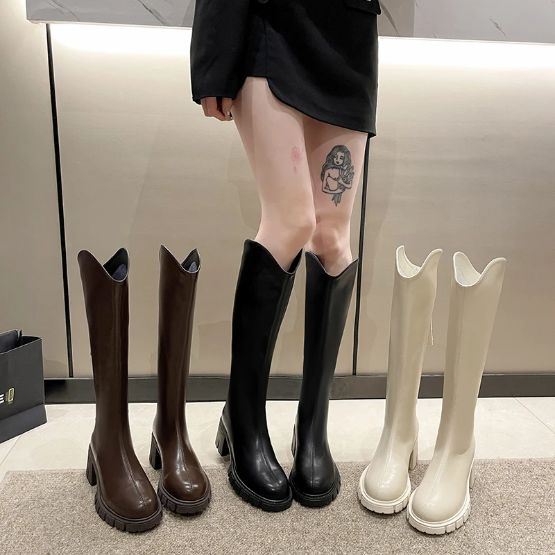 长筒靴女秋冬季小个子圆头复古高筒骑士靴厚底v口中跟粗跟瘦瘦靴