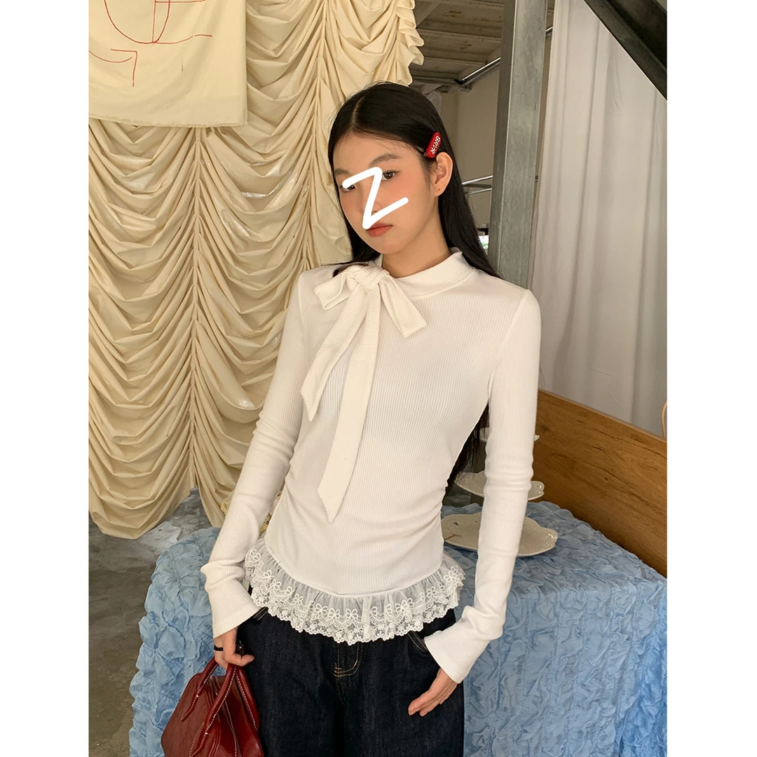 新款蕾丝拼接打底衫女春秋款白色T恤正肩辣妹气质长袖打底衫上衣